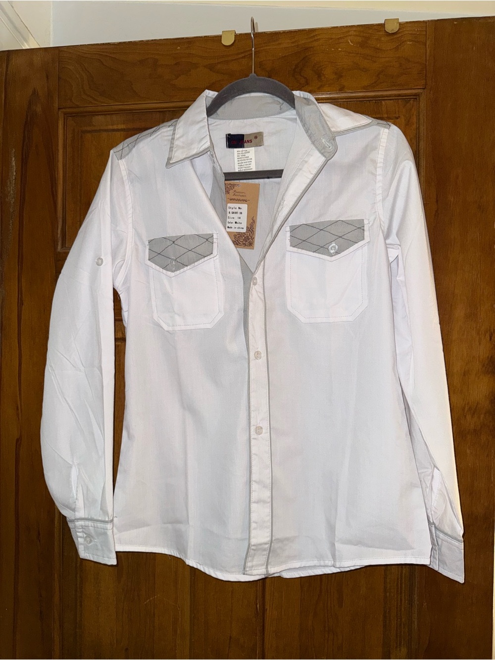 NWT Daniel L Jeans White Western Style Button Down Shirt Boys’ Sz 14 Grey Accent